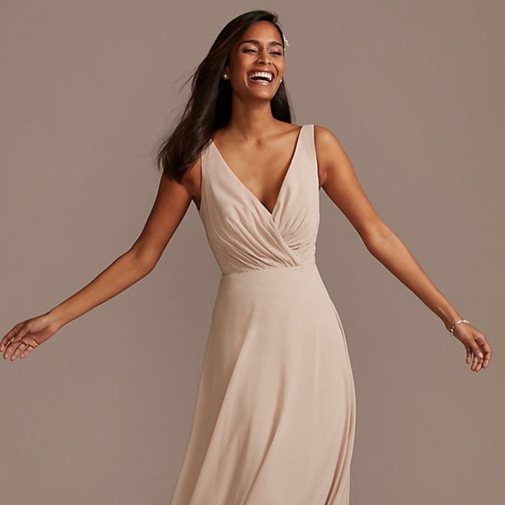 Bridesmaids Dress #F20228 V-Neck Tank Full Skirt in Biscotti 18 (David’s Bridal)